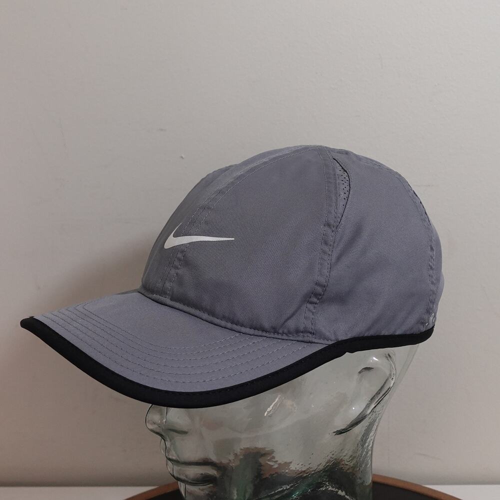 Nike Dri-FIT Running Hat Grey Black Trim Adjustable Performance Cap Swoosh Logo - Picture 2 of 10